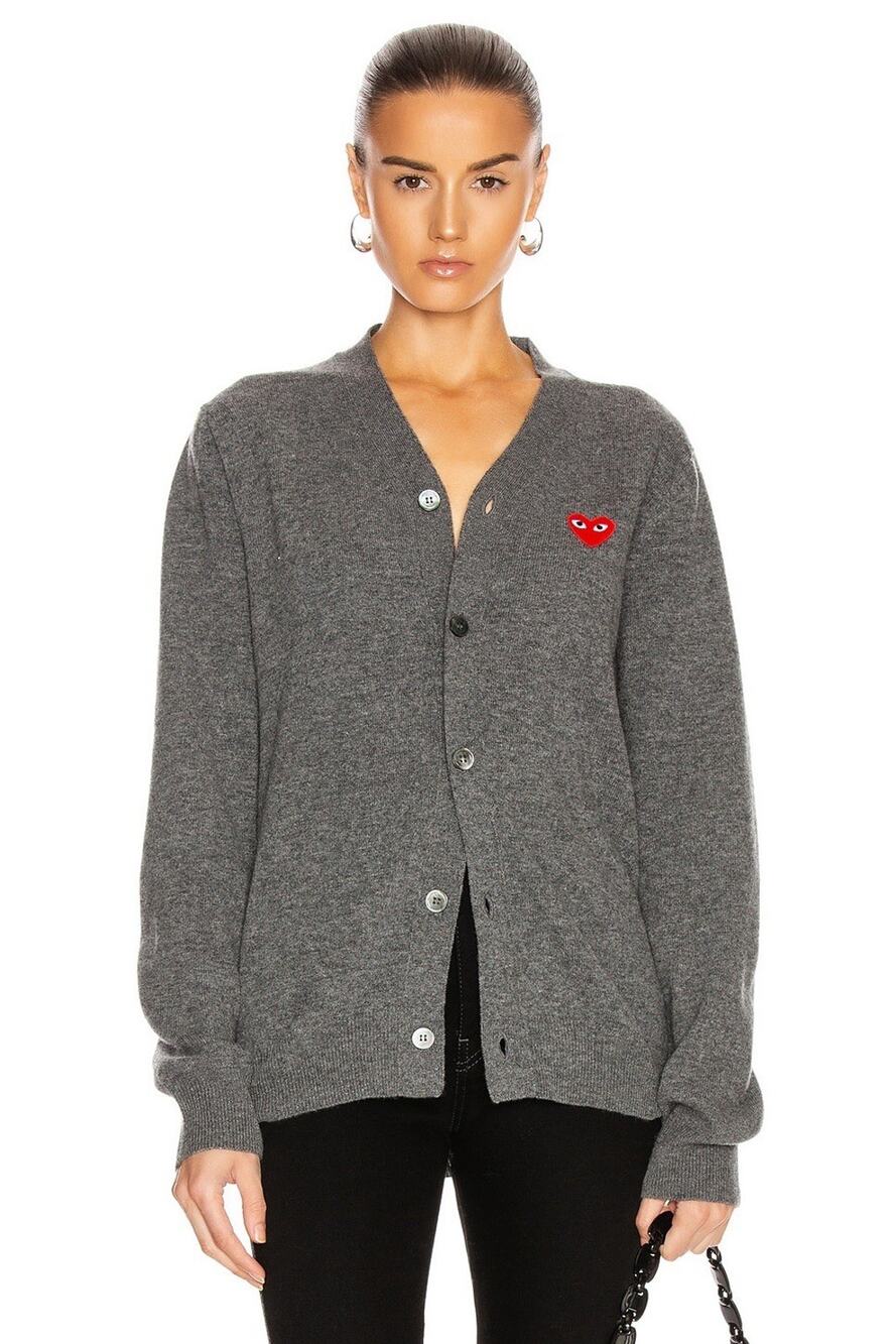 Comme des Garcons PLAY Red Heart Wool Cardigan Gray Size M Relaxed Fit